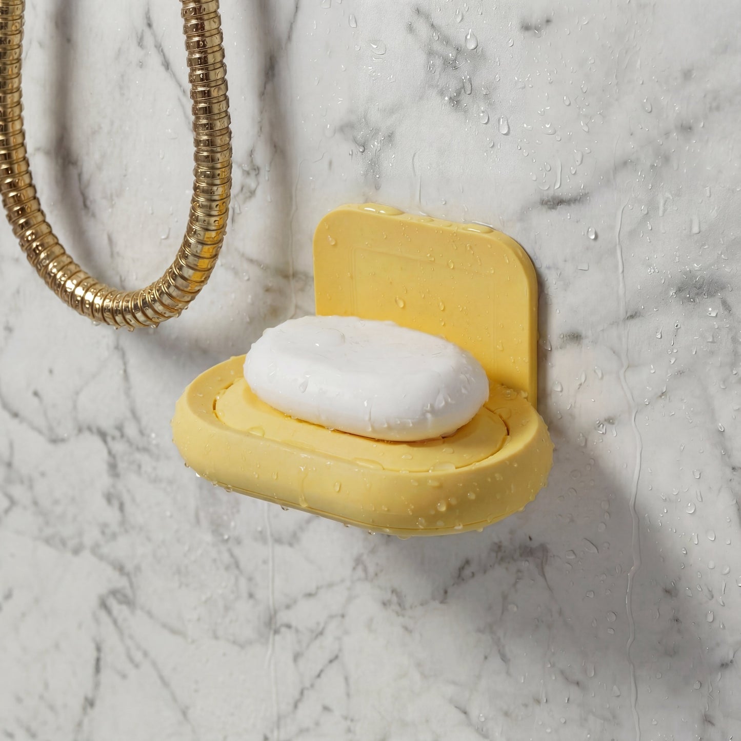 Yellow soap dish with a bar of soap on a marble shower wall
