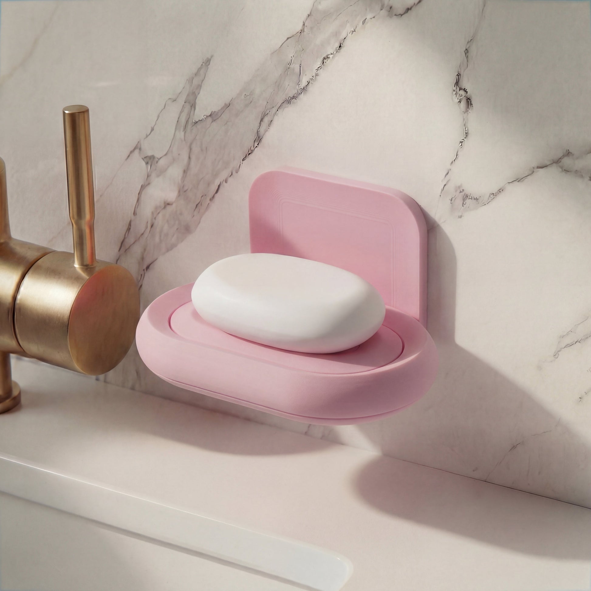 Pink soap dish with a bar of soap over a marble countertop next to a brass faucet.
