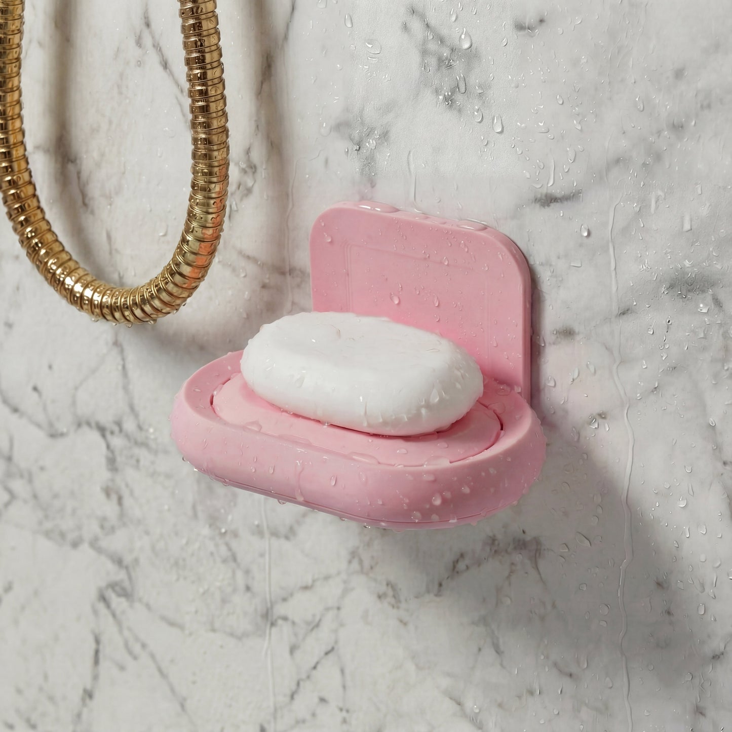 Pink soap dish with a bar of soap on a marble bathroom wall in a shower