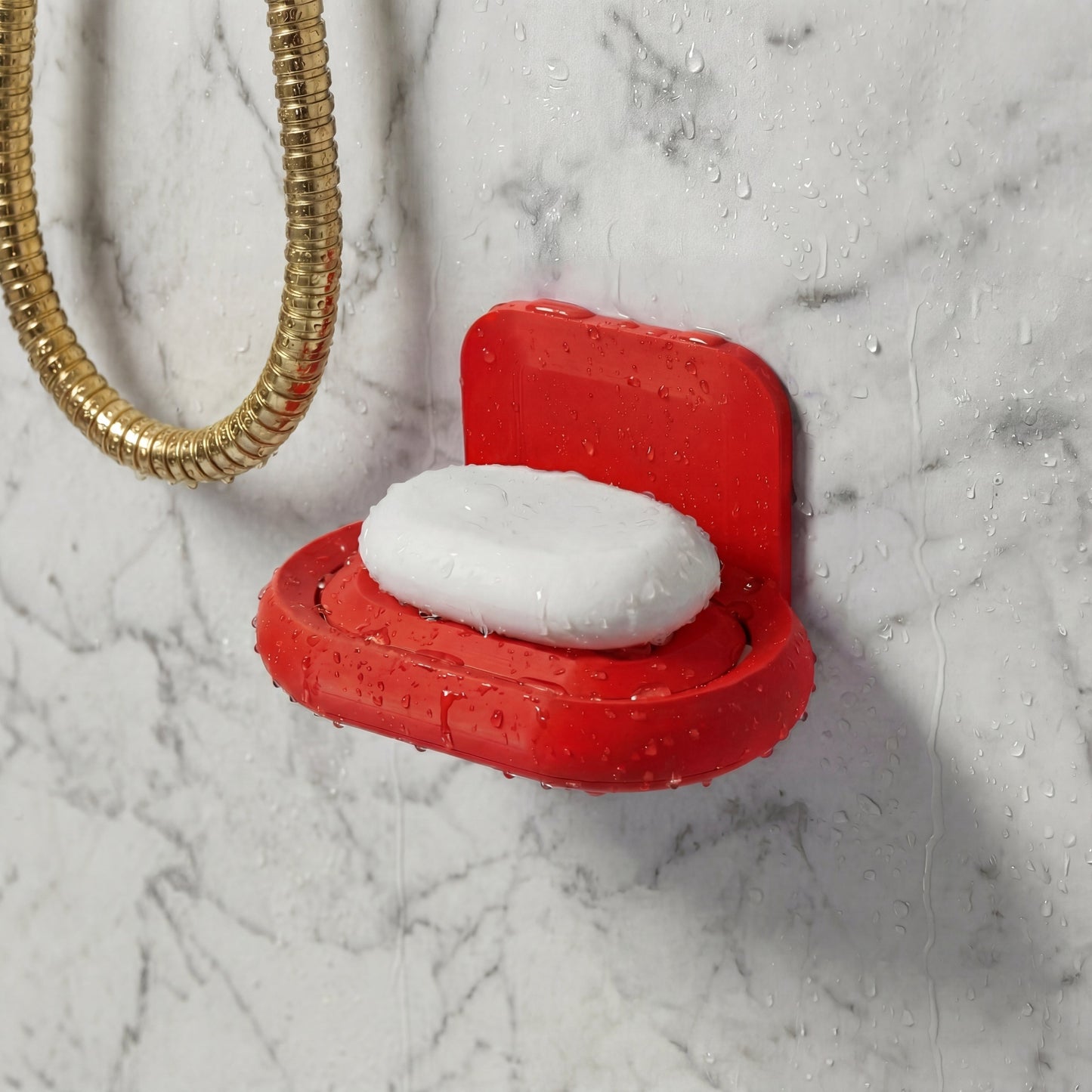 Red soap holder with a bar of soap on a marble wall in the shower