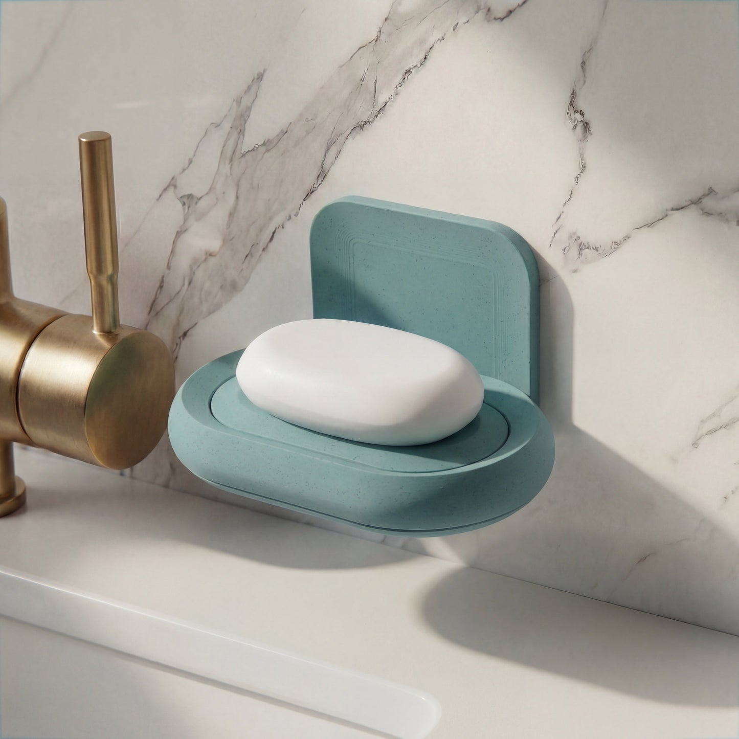Teal soap dish with a bar of soap on a marble bathroom counter.