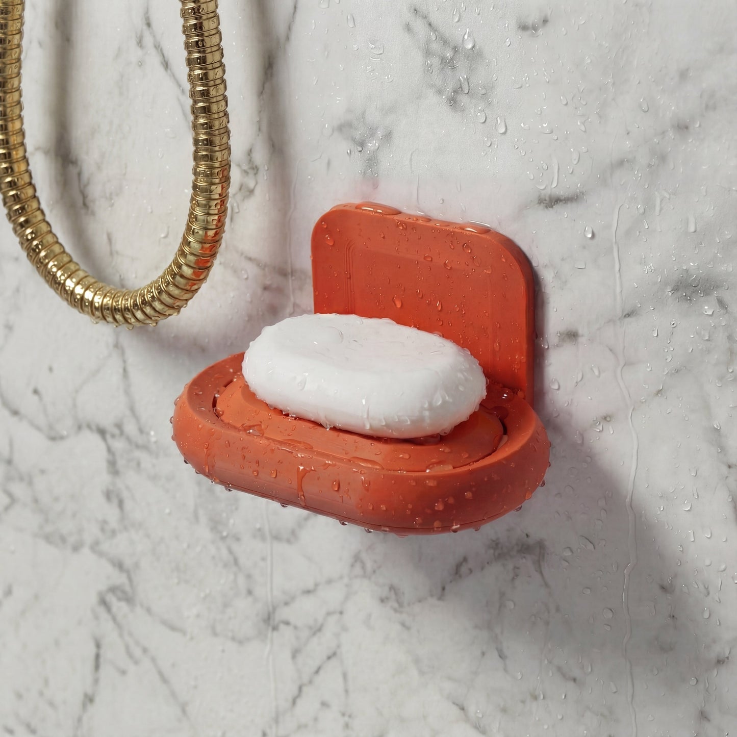Terracotta soap holder with natural soap mounted in shower