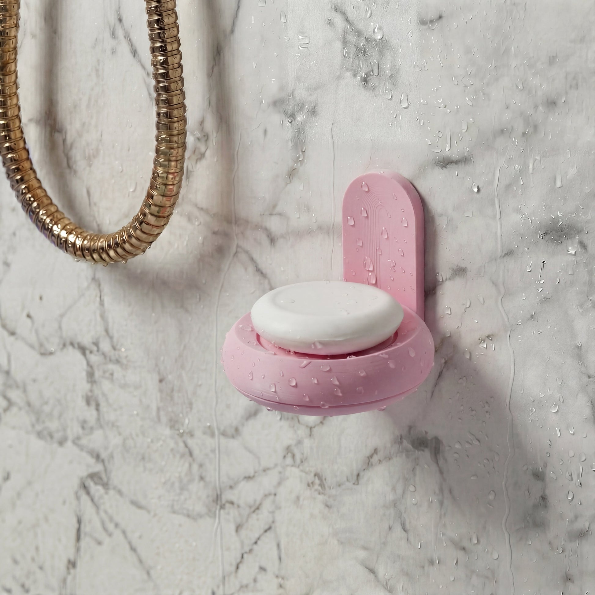 Pink soap holder on a marble surface in the shower