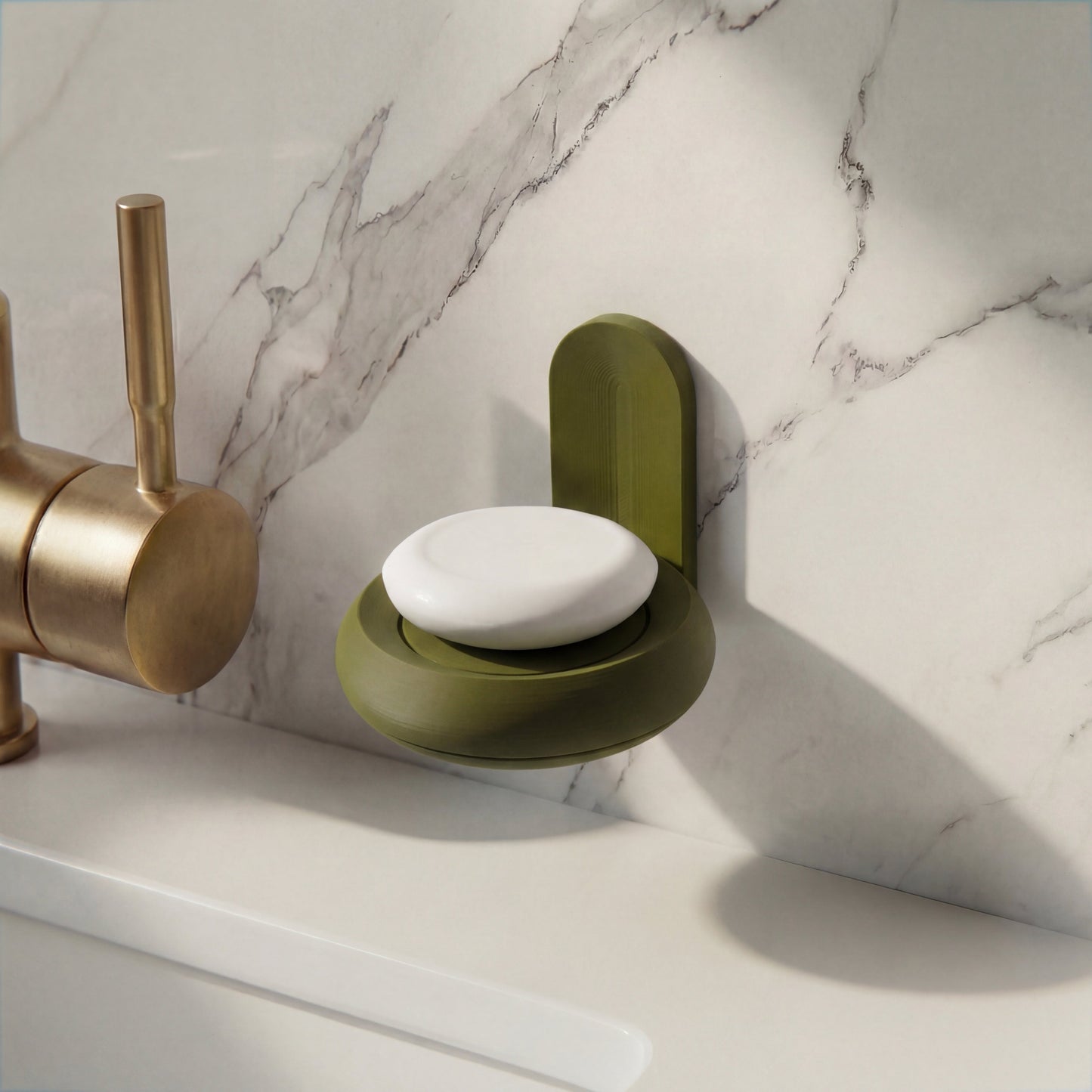 dark green Soap holder with soap bar in modern marble bathroom