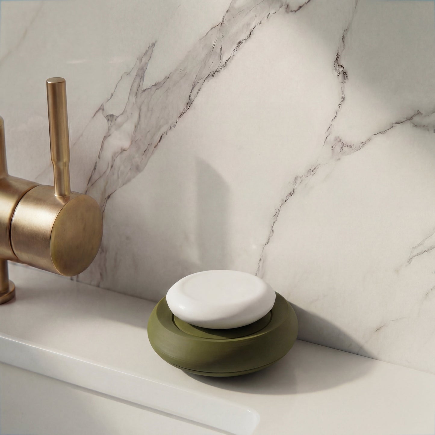 Compact Dark Olive soap holder on minimalist bathroom sink