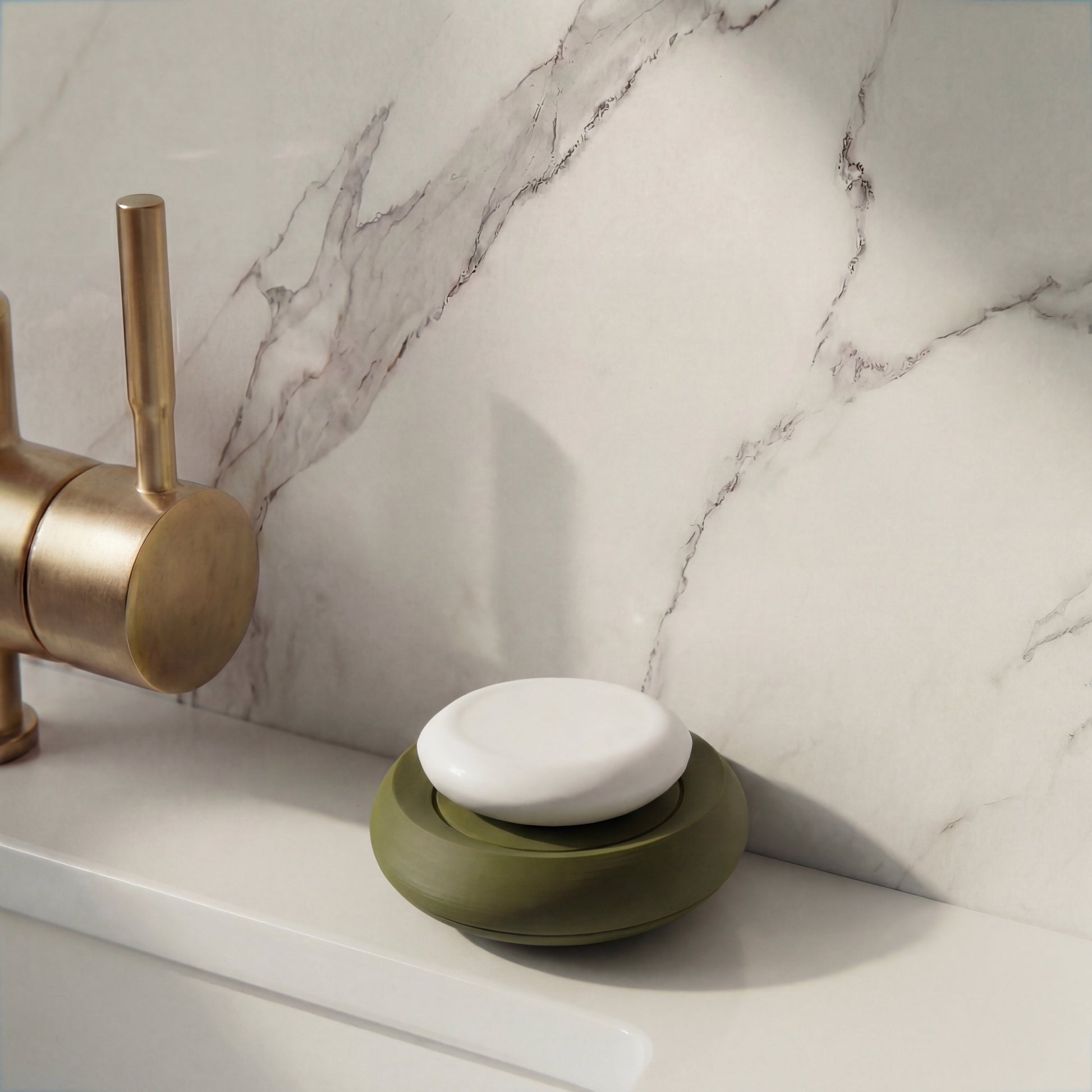 Compact Dark Olive soap holder on minimalist bathroom sink