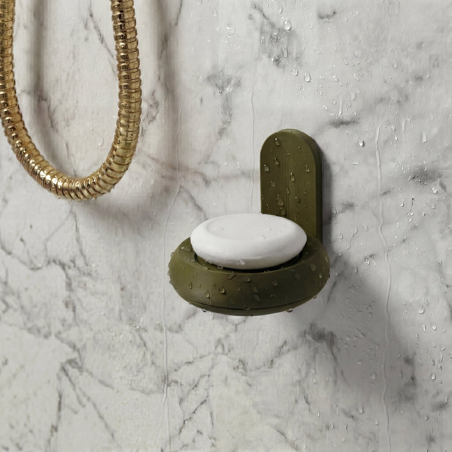 Dark Olive soap holder with natural soap mounted in shower