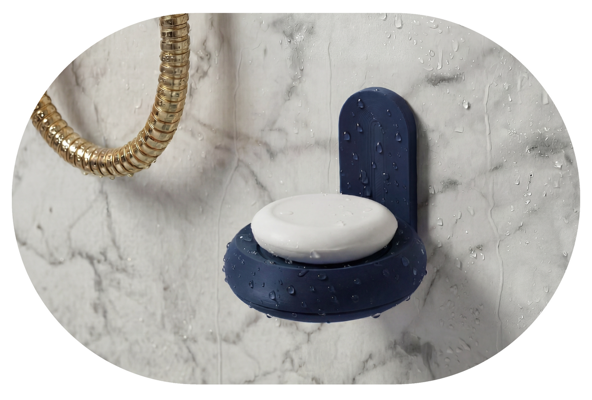 Deep Blue and white soap bar on a marble surface with a brass shower head, Hamburg 3D printed