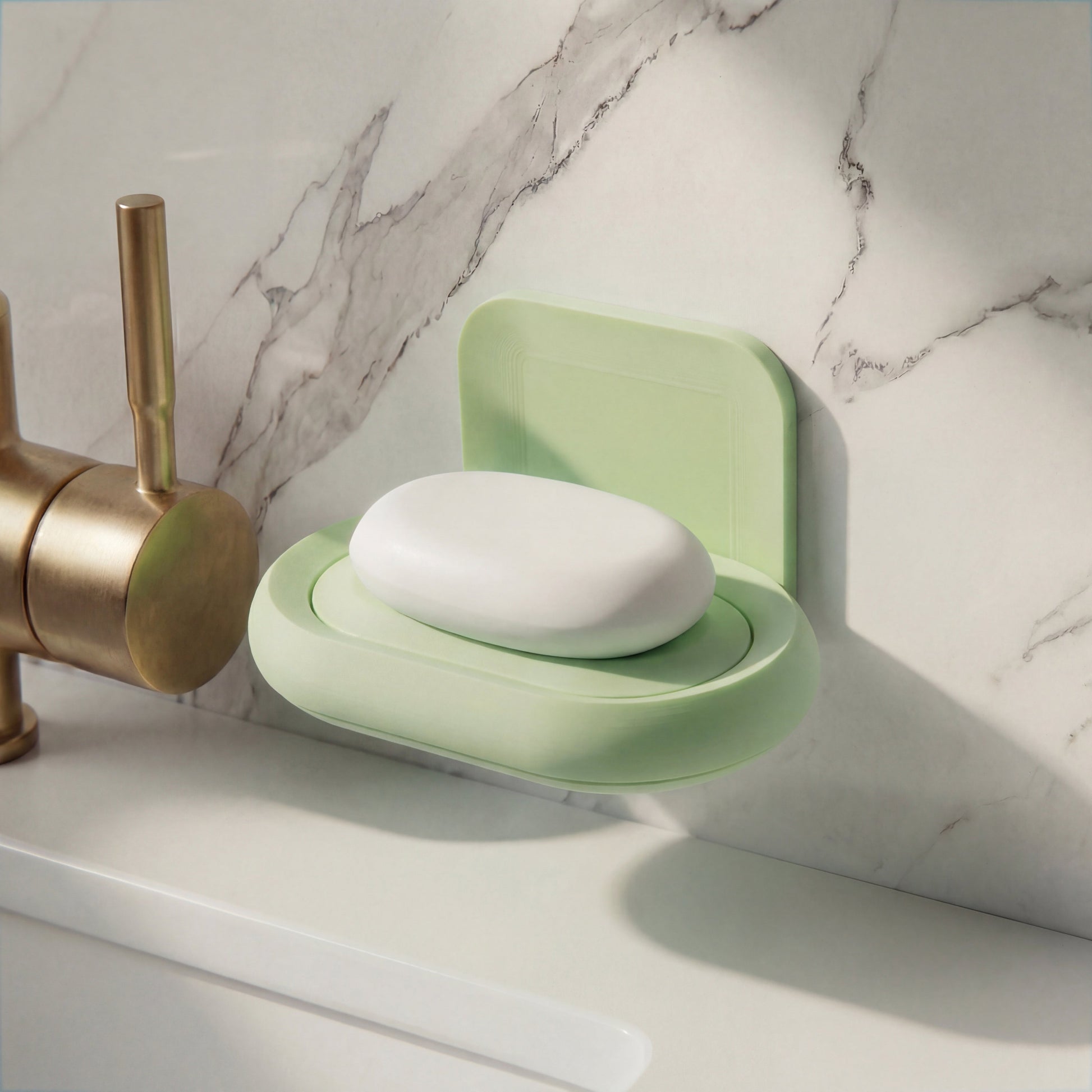Mint Green soap holder with a bar of soap over a marble countertop.