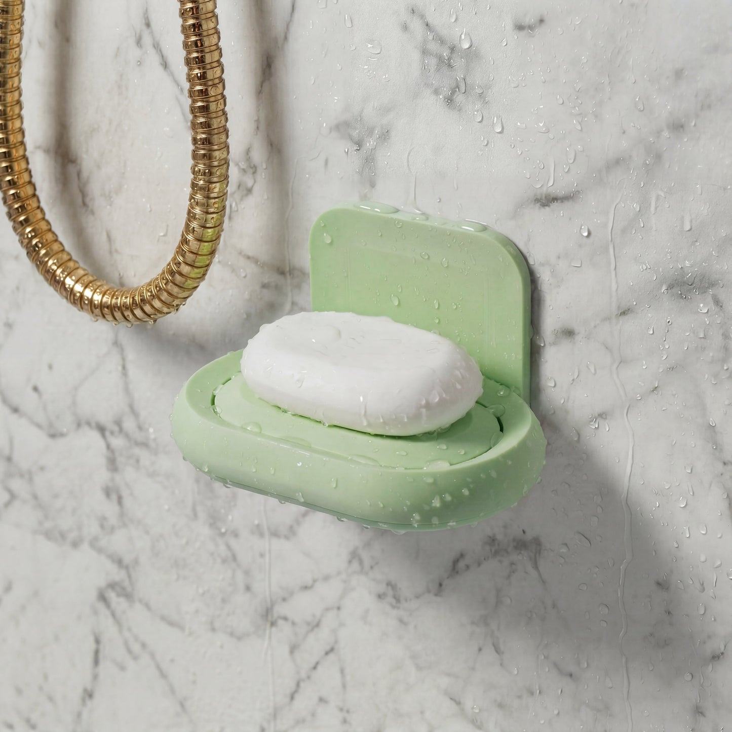 Green soap holder with a bar of soap on a marble shower wall